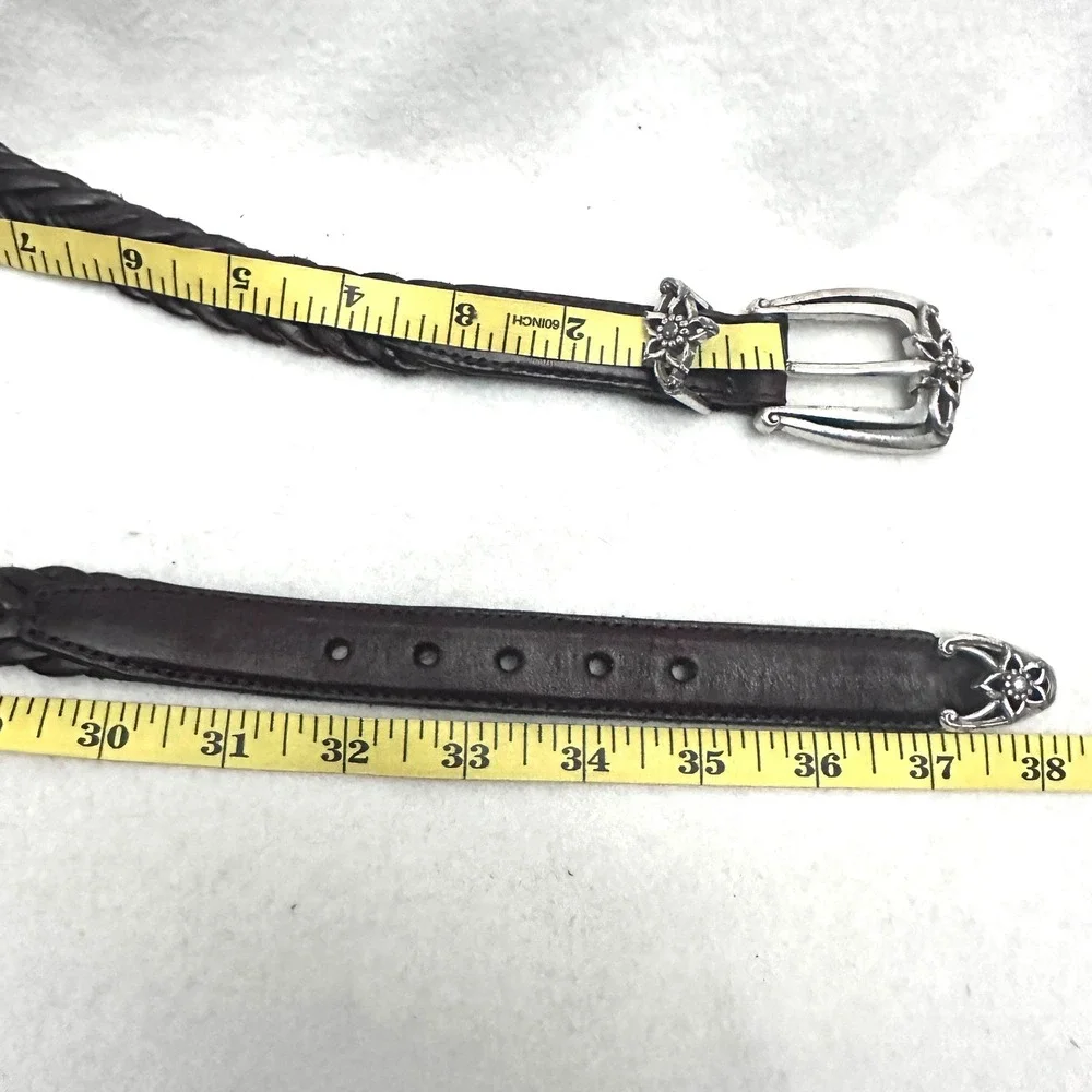 Brighton L 34 Espresso Brown Braided Leather Belt Silver Floral Western Buckle